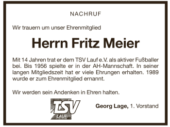 Traueranzeige von Fritz Meier von Pegnitz-Zeitung
